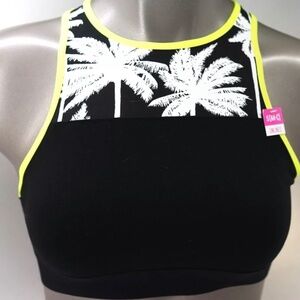 New Victoria's Secret PINK Black Yellow Palm High Neck Crop Racerback Sports Bra